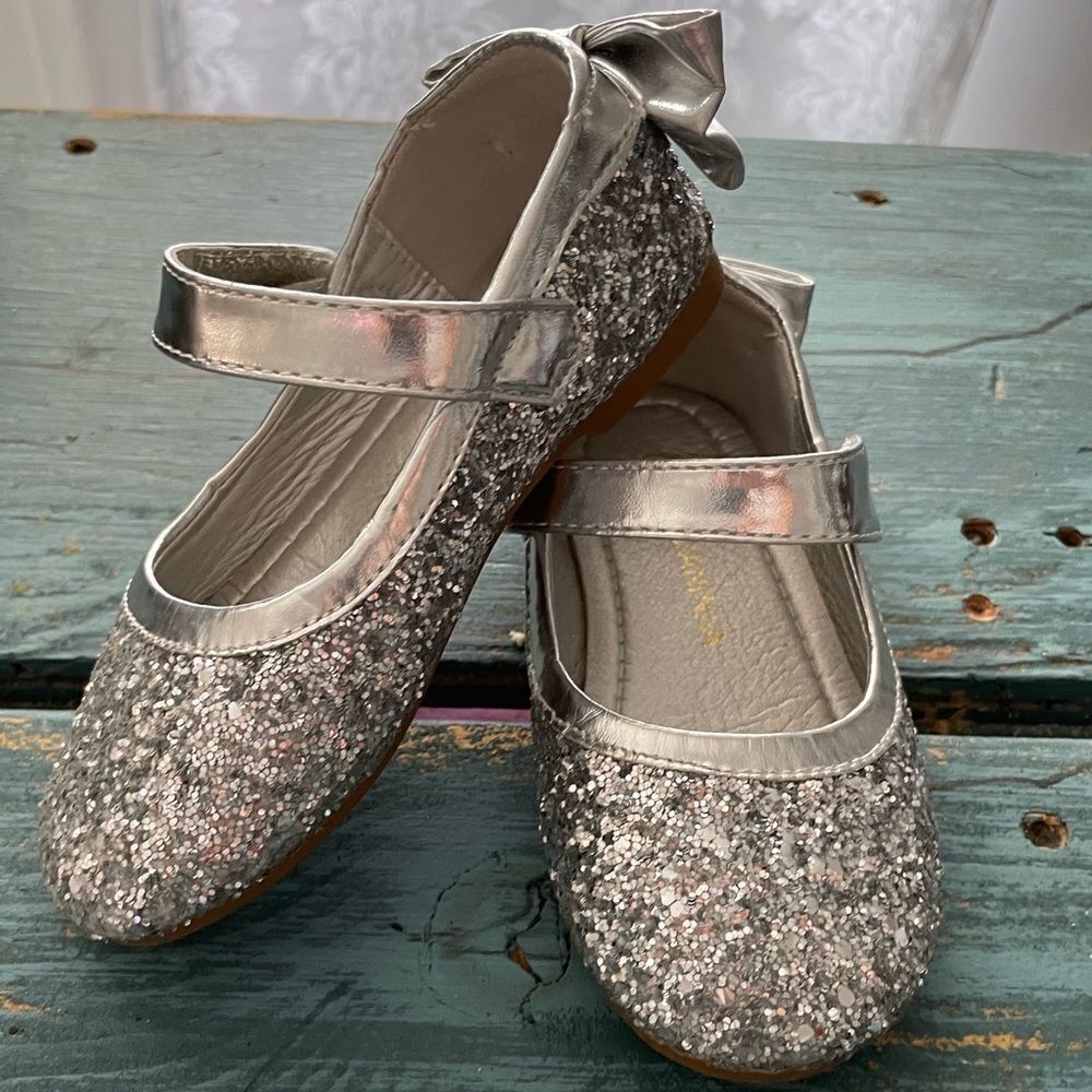 panda Ninja silver glitter rounded toe girls ballet flats with bows 8